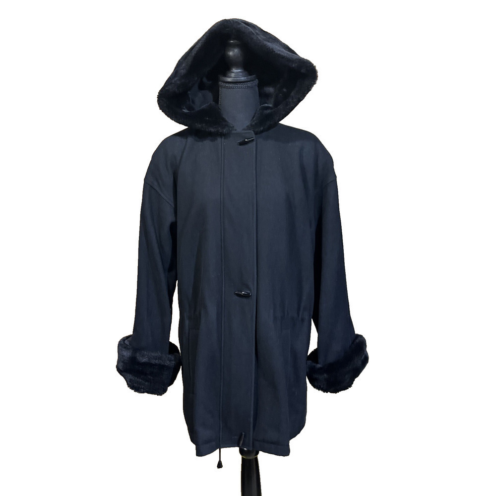 Herman Kay Wool Blend Faux Fur Pea Coat Hooded Black Size 10 M Toggle Button